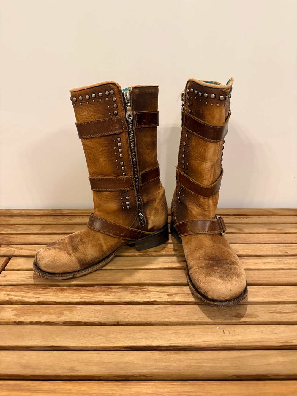 Corral Brown Leather Studded Harness Strap Mid-Calf Boots in Distressed Cognac